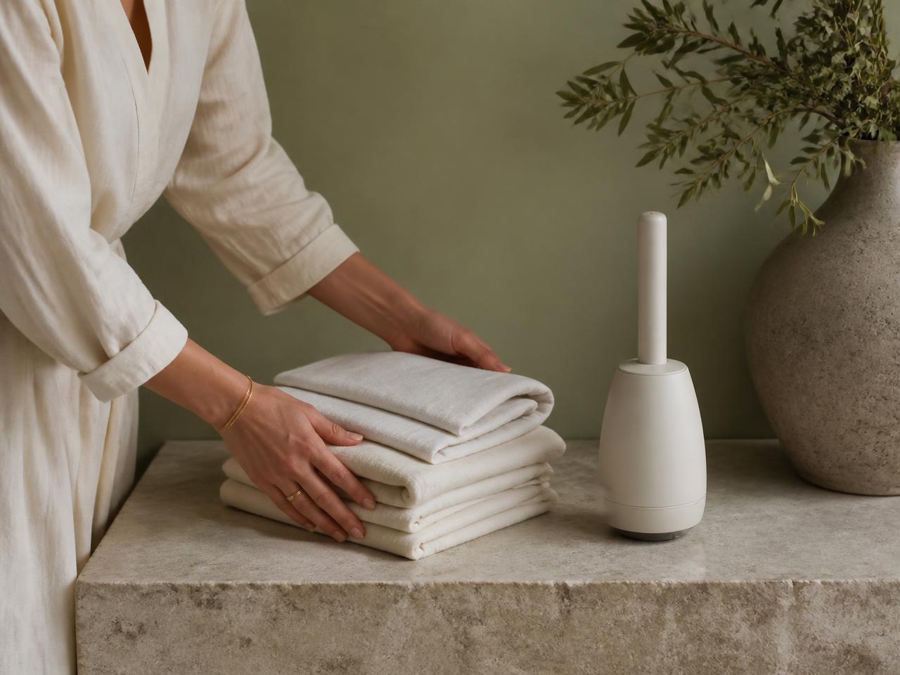 A woman folding ivory linen beside a minimal unbranded wellness device on a stone shelf
