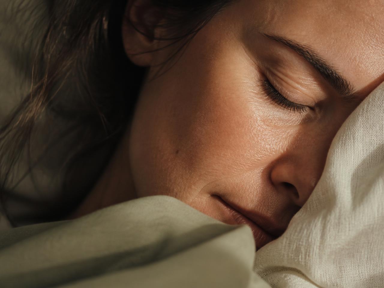 Close detail of soft warm light falling across a resting adult woman's face