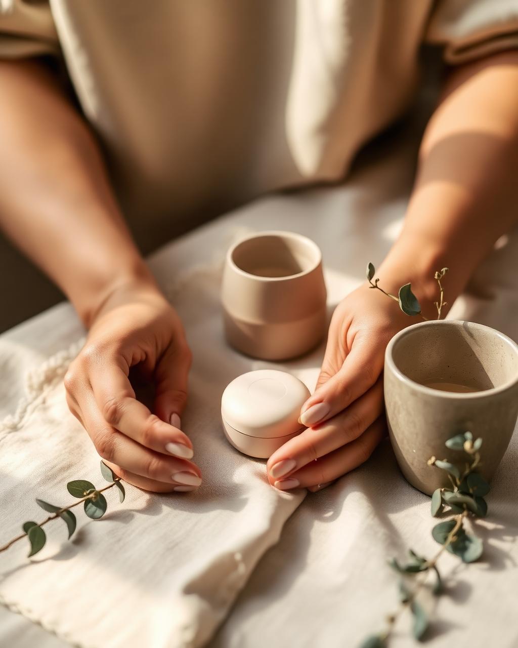 Hands arranging a small unbranded wellness device and ceramic cups on soft ivory linen