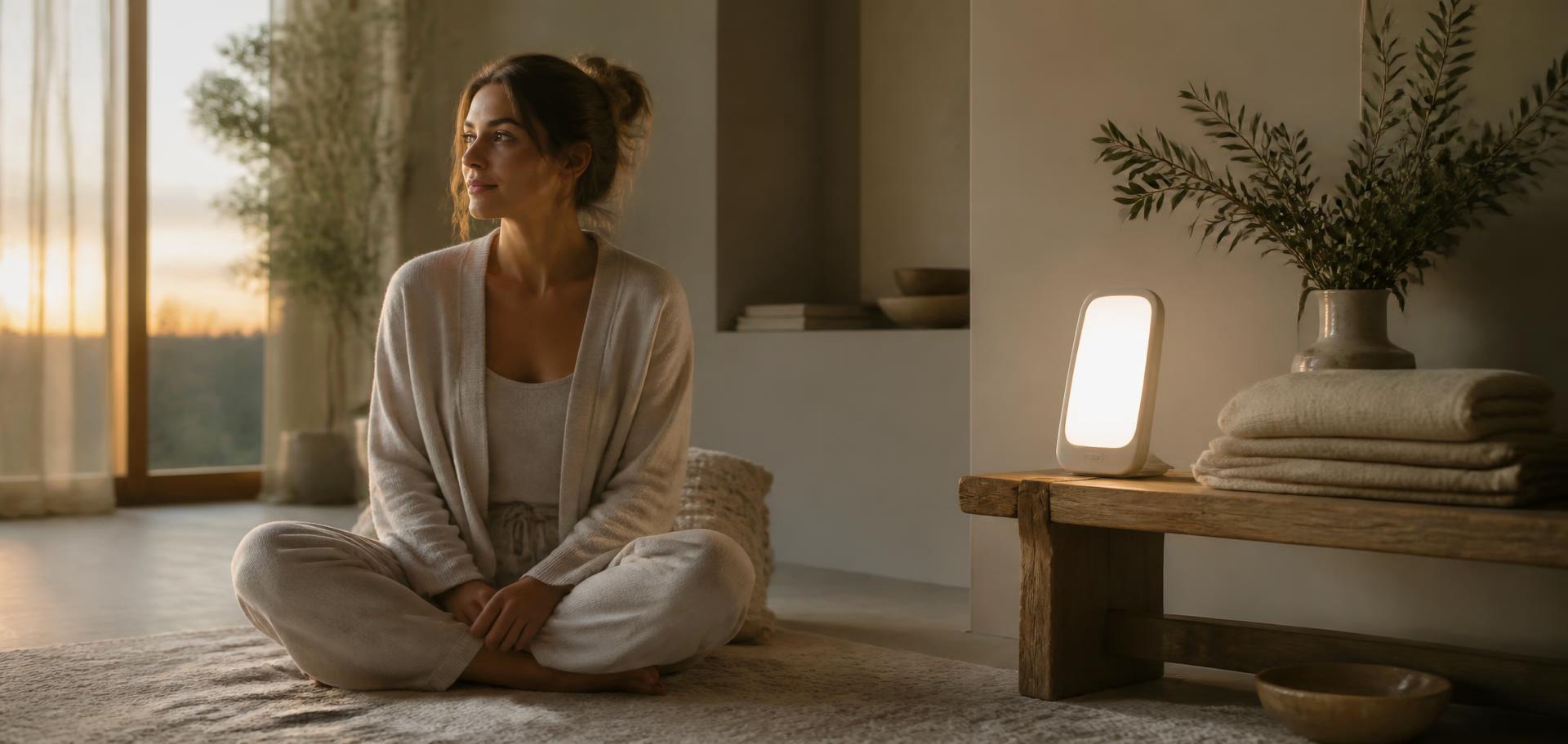 A woman sitting calmly on a rug at golden hour beside a softly glowing wellness lamp